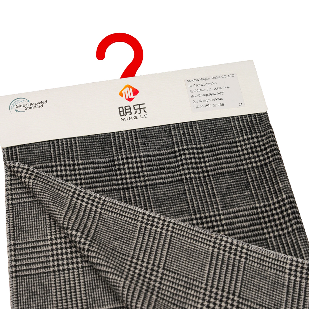 50% ウール、40% ポリエステル、10% その他の繊維、560G/M、ブラック + ライトグレー、チェック柄片面オーバーコーティング ウール生地、ML-1010015