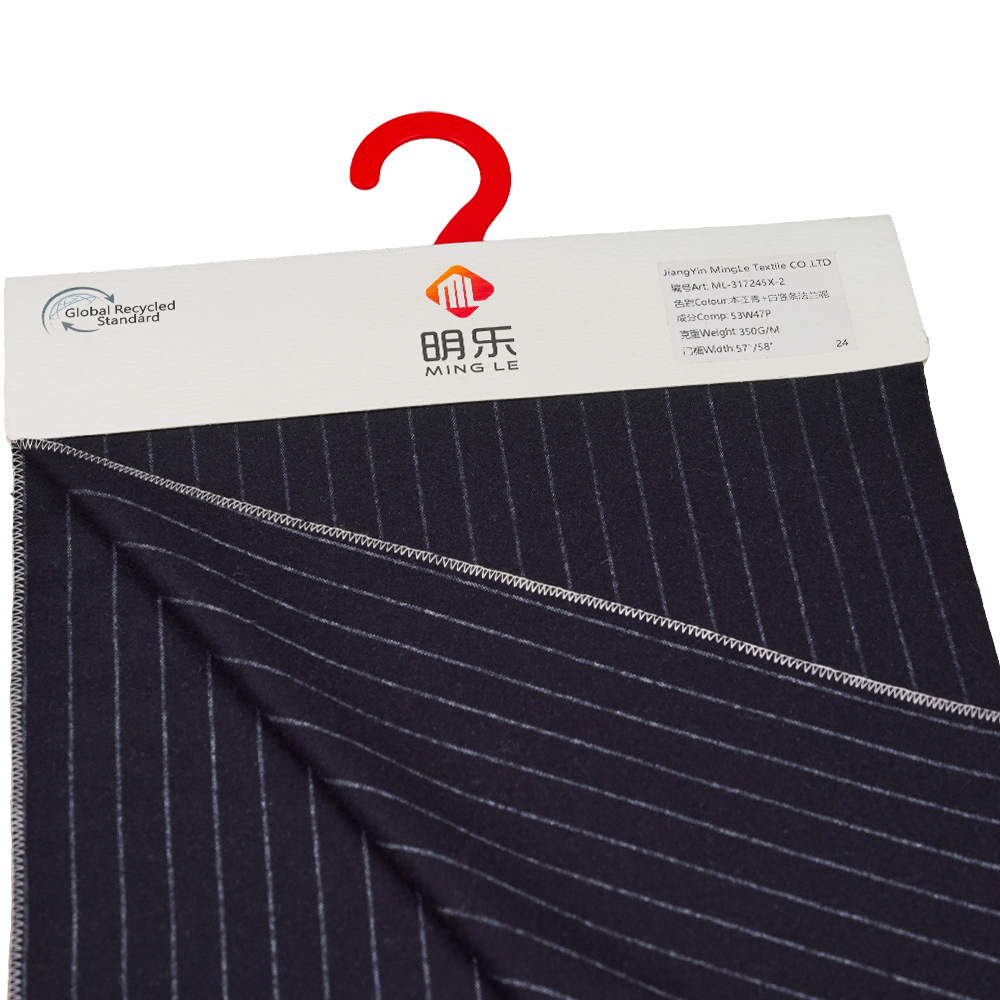 53% ウール、47% ポリエステル、350G/M、Zhiqing + ホワイト、縦縞フランネル生地、ML-317245X-2