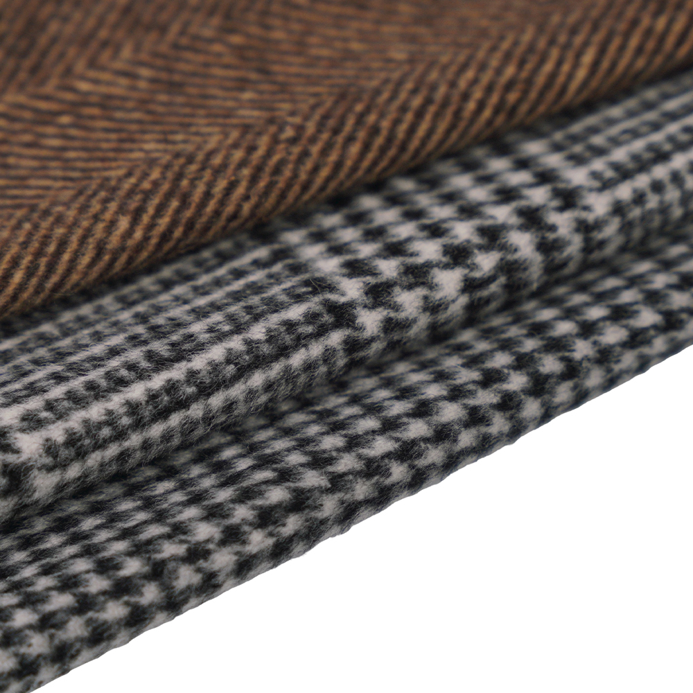 50% ウール、40% ポリエステル、10% その他の繊維、560G/M、ブラック + ライトグレー、チェック柄片面オーバーコーティング ウール生地、ML-1010015