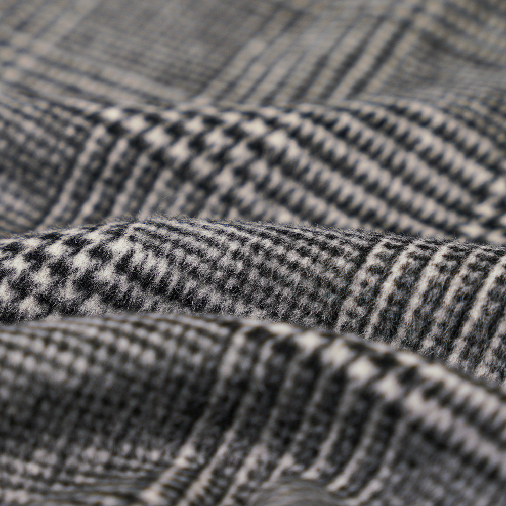 30% ウール、60% ポリエステル、10% その他の繊維、610G/M、白黒、チェック柄片面オーバーコーティング生地、ML-20001